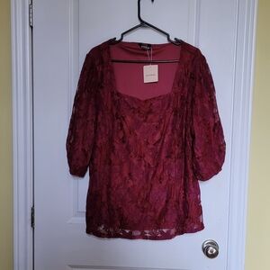 BloomChic blouse red lace shirt top floral wine burgundy feminine plus size 18